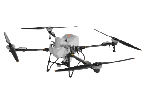 Profesionální čtyřramenný zemědělský dron DJI Agras T55 s integrovanou nádrží a bezpečnostními senzory.